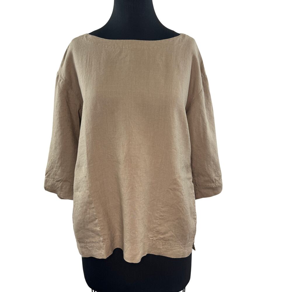 EILEEN FISHER Beige Brown Boxy Blouse Irish Linen Boat Neck Pullover Size PS